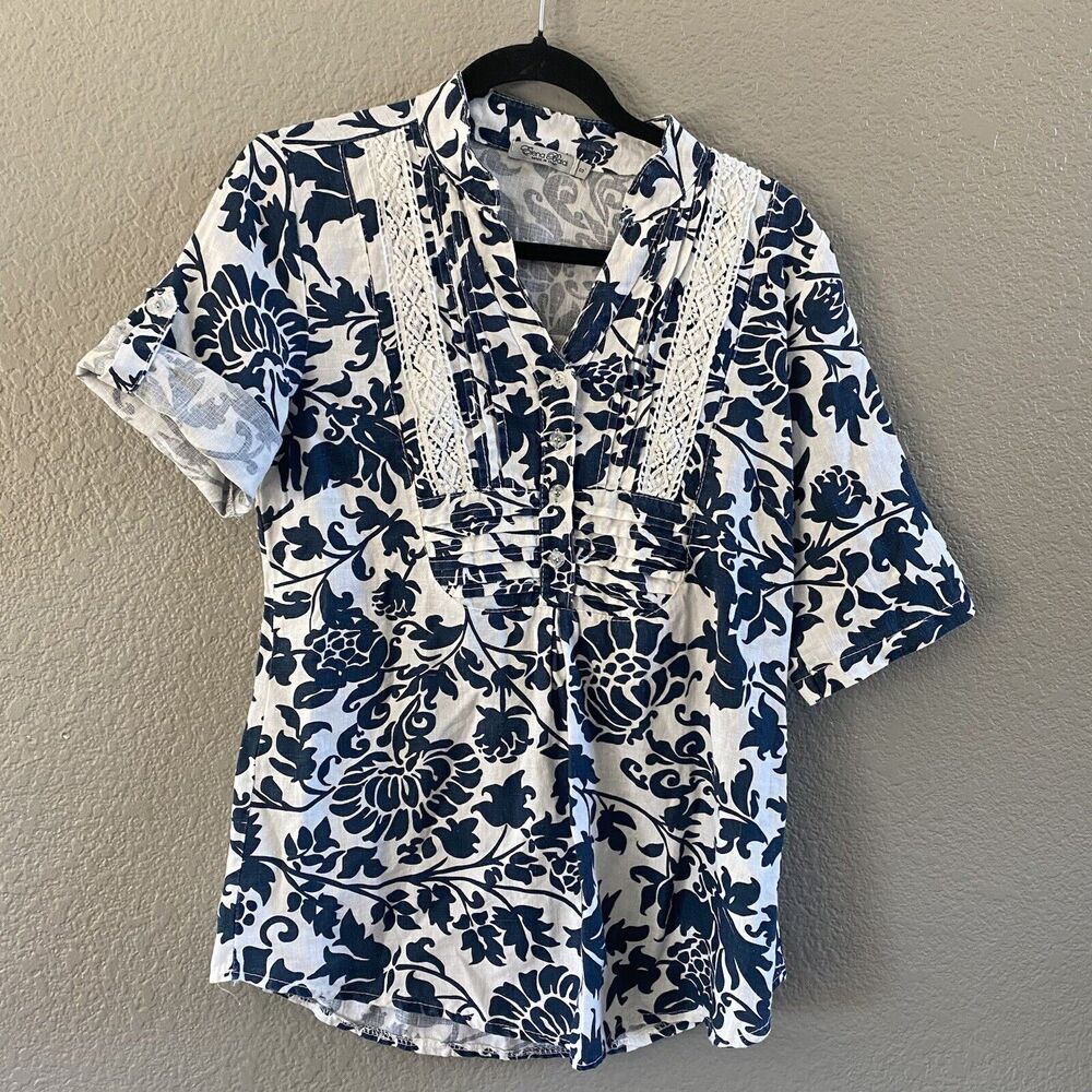 Elena Baldi Blouse Womens Small Blue Floral Linen Pleated Crochet Short Sleeve
